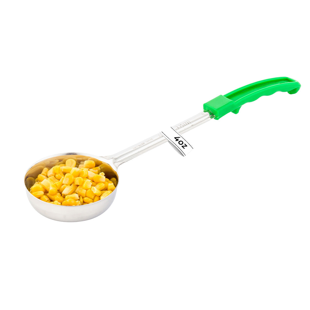 restaurantware Met Lux 4 oz Stainless Steel Spoodle - Perforated with Green Handle - 1 count box