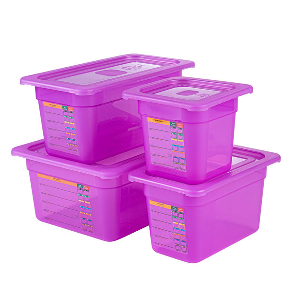 Restaurantware Met Lux 4-Piece Purple Allergen-Free Polypropylene Food Pan Set - 6" Deep With Airtight Lids And Labels - 1 Count Box
