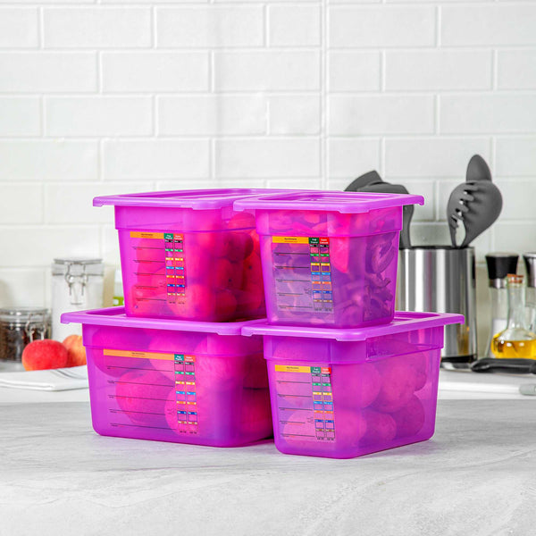 Restaurantware Met Lux 4-Piece Purple Allergen-Free Polypropylene Food Pan Set - 6" Deep With Airtight Lids And Labels - 1 Count Box