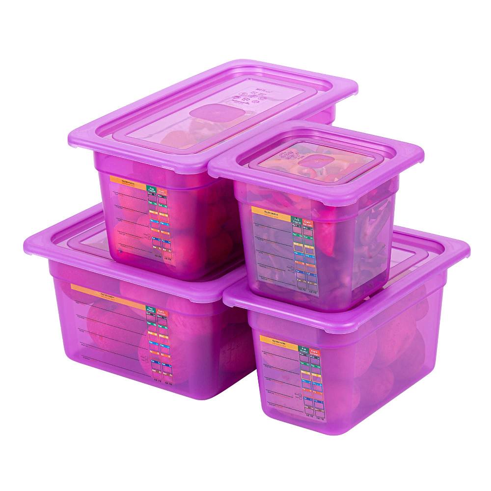 restaurantware Met Lux 4-Piece Purple Allergen-Free Polypropylene Food Pan Set - 6" Deep with Airtight Lids and Labels - 1 count box