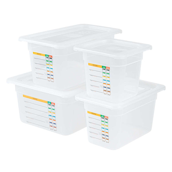 Restaurantware Met Lux 4-Piece Translucent Polypropylene Food Pan Set - 6" Deep With Airtight Lids And Labels - 1 Count Box