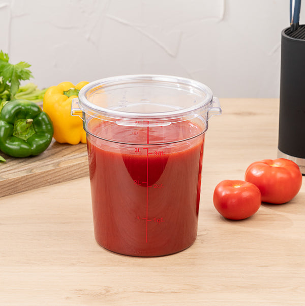 Restaurantware Met Lux 4 Qt Round Clear Plastic Food Storage Container - With Red Volume Markers - 7" X 7" X 8 1/2" - 10 Count Box