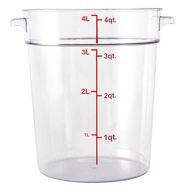 Restaurantware Met Lux 4 Qt Round Clear Plastic Food Storage Container - With Red Volume Markers - 7" X 7" X 8 1/2" - 10 Count Box