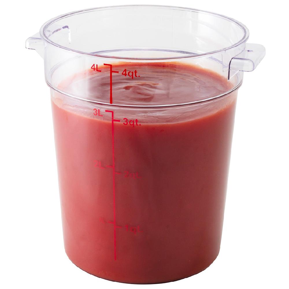 restaurantware Met Lux 4 qt Round Clear Plastic Food Storage Container - with Red Volume Markers - 7" x 7" x 8 1/2" - 10 count box