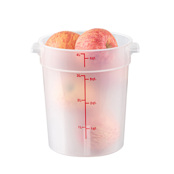 Restaurantware Met Lux 4 Qt Round Translucent Plastic Food Storage Container - With Red Volume Markers - 7 1/4" X 7 1/4" X 8 1/2" - 10 Count Box