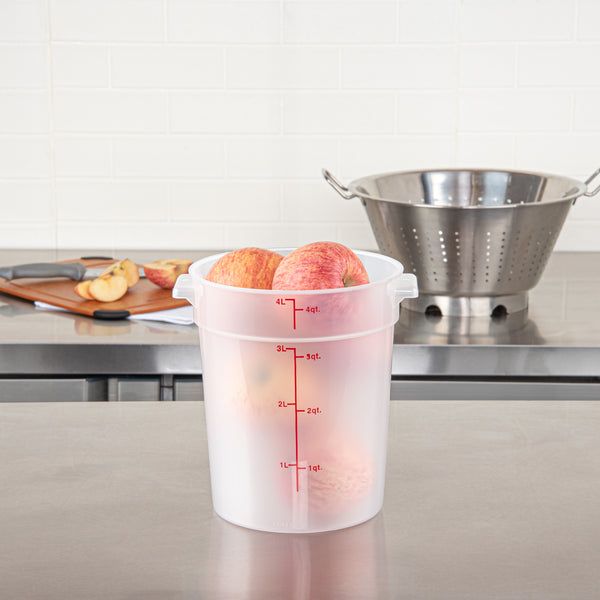 Restaurantware Met Lux 4 Qt Round Translucent Plastic Food Storage Container - With Red Volume Markers - 7 1/4" X 7 1/4" X 8 1/2" - 10 Count Box