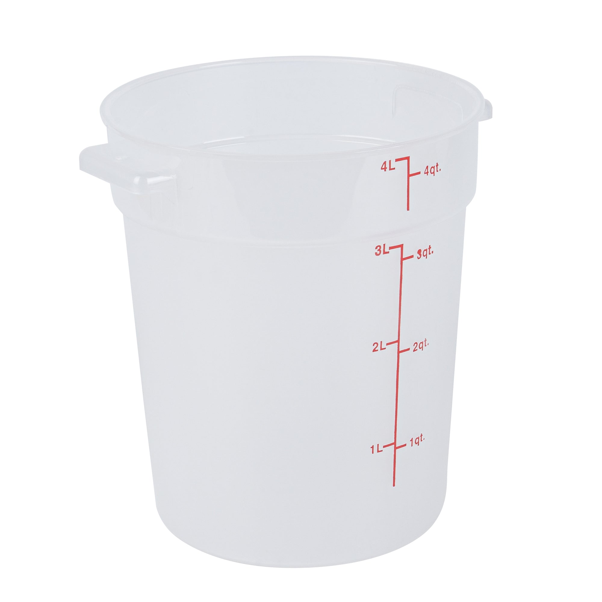 restaurantware Met Lux 4 qt Round Translucent Plastic Food Storage Container - with Red Volume Markers - 7 1/4" x 7 1/4" x 8 1/2" - 10 count box