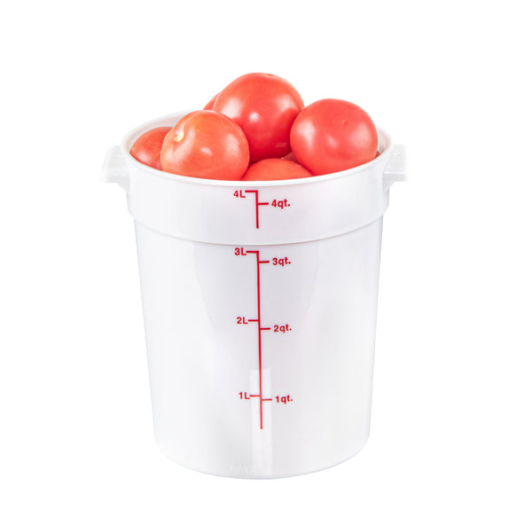 Restaurantware Met Lux 4 Qt Round White Plastic Food Storage Container - With Red Volume Markers - 7 1/4" X 7 1/4" X 8 1/2" - 10 Count Box