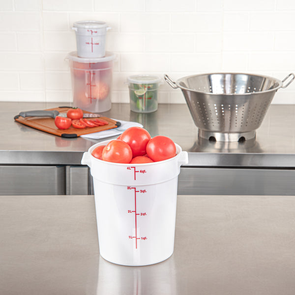 Restaurantware Met Lux 4 Qt Round White Plastic Food Storage Container - With Red Volume Markers - 7 1/4" X 7 1/4" X 8 1/2" - 10 Count Box