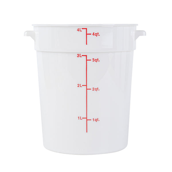 Restaurantware Met Lux 4 Qt Round White Plastic Food Storage Container - With Red Volume Markers - 7 1/4" X 7 1/4" X 8 1/2" - 10 Count Box
