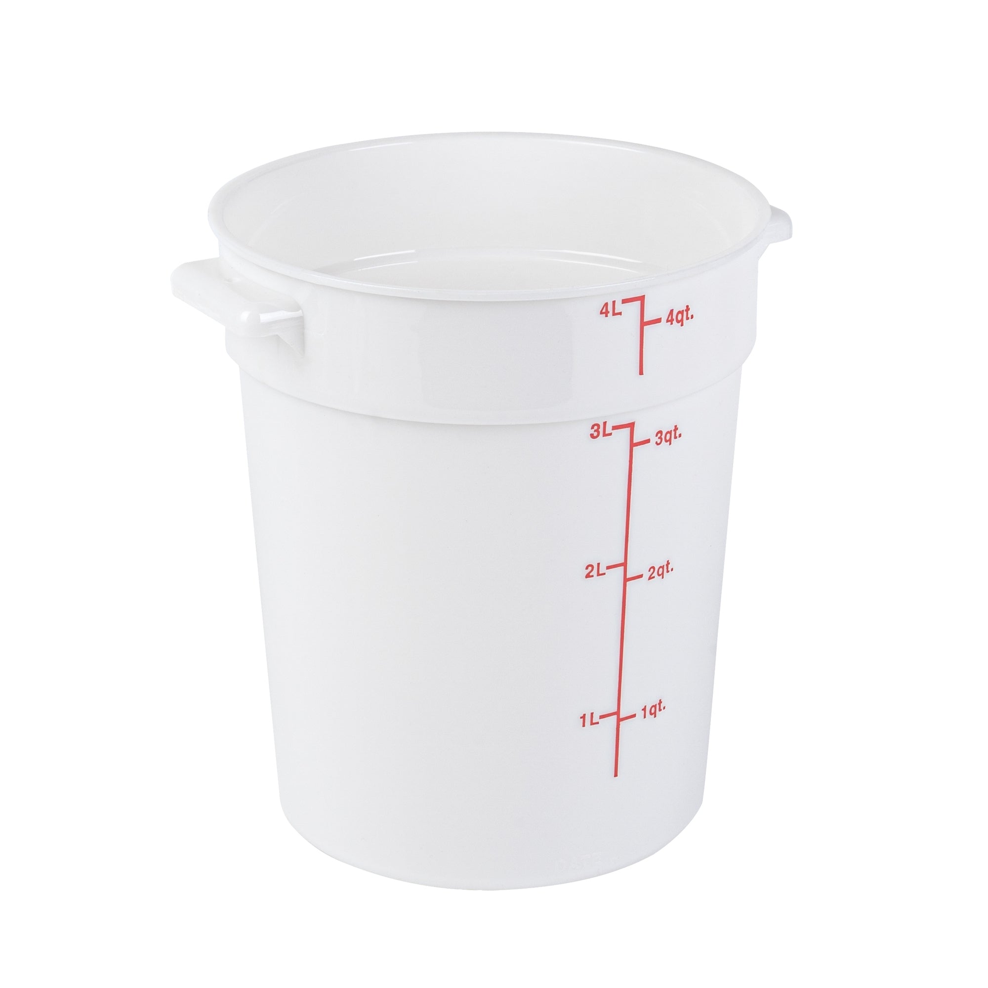 restaurantware Met Lux 4 qt Round White Plastic Food Storage Container - with Red Volume Markers - 7 1/4" x 7 1/4" x 8 1/2" - 10 count box