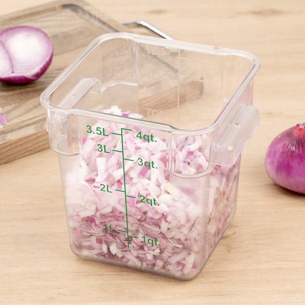 Restaurantware Met Lux 4 Qt Square Clear Plastic Food Storage Container - With Green Volume Markers - 7" X 7" X 7 1/4" - 10 Count Box