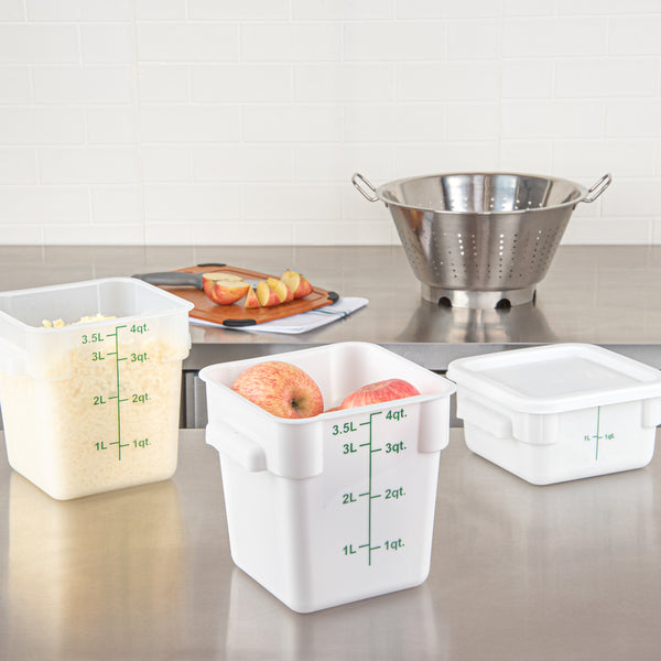 Restaurantware Met Lux 4 Qt Square White Plastic Food Storage Container - With Green Volume Markers - 7" X 7" X 7 1/2" - 10 Count Box
