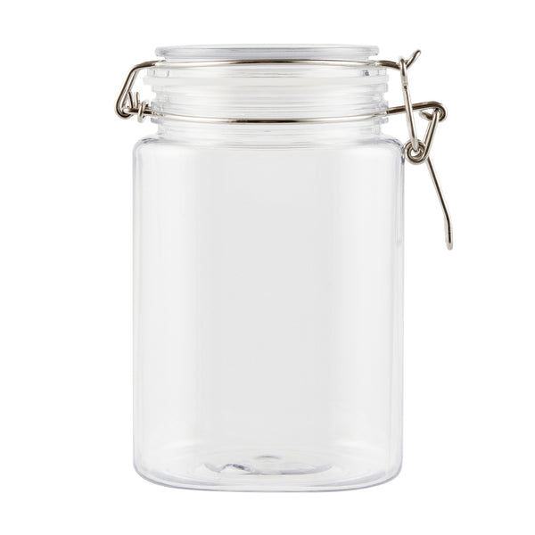 Restaurantware Met Lux 43 Oz Square Clear Plastic Storage Jar - With Hinged Lid - 4 1/4" X 4 1/4" X 6 3/4" - 20 Count Box