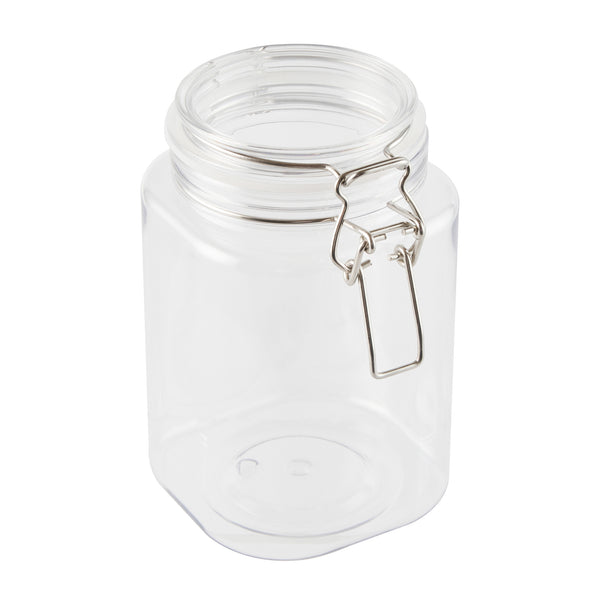 Restaurantware Met Lux 43 Oz Square Clear Plastic Storage Jar - With Hinged Lid - 4 1/4" X 4 1/4" X 6 3/4" - 20 Count Box