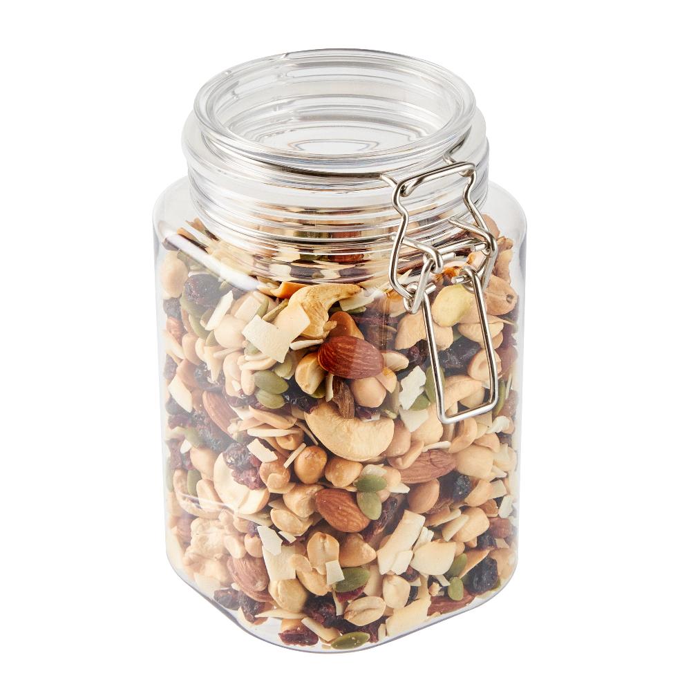 restaurantware Met Lux 43 oz Square Clear Plastic Storage Jar - with Hinged Lid - 4 1/4" x 4 1/4" x 6 3/4" - 20 count box