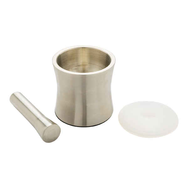 Restaurantware Met Lux 5" Stainless Steel Mortar And Pestle Set - Slip-Resistant With Plastic Lid - 7" Pestle - 1 Count Box