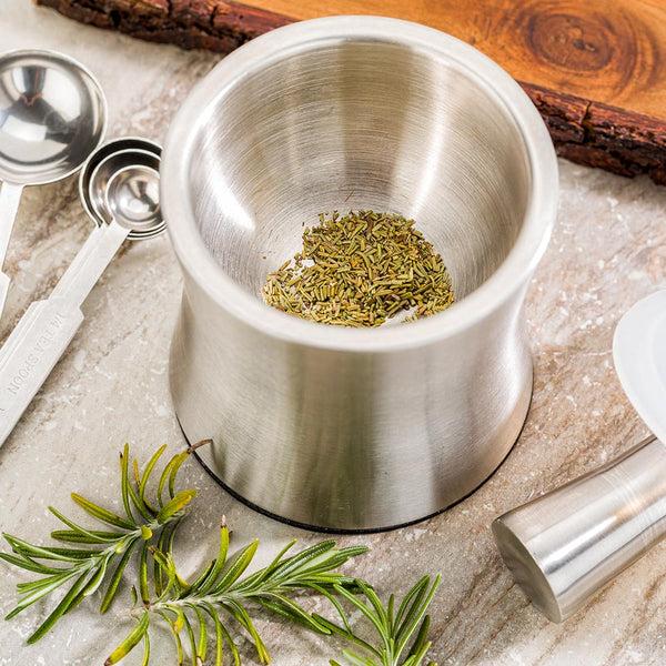 Restaurantware Met Lux 5" Stainless Steel Mortar And Pestle Set - Slip-Resistant With Plastic Lid - 7" Pestle - 1 Count Box