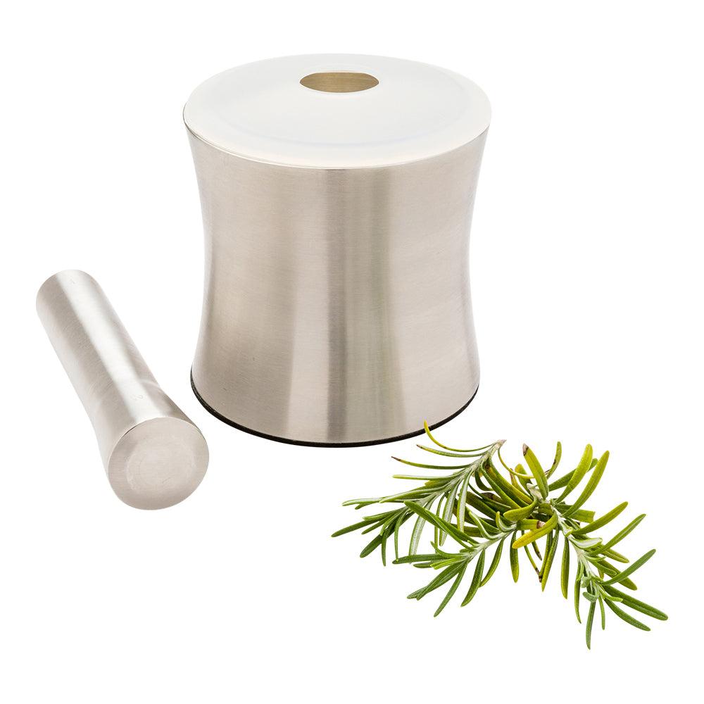 restaurantware Met Lux 5" Stainless Steel Mortar and Pestle Set - Slip-Resistant with Plastic Lid - 7" Pestle - 1 count box