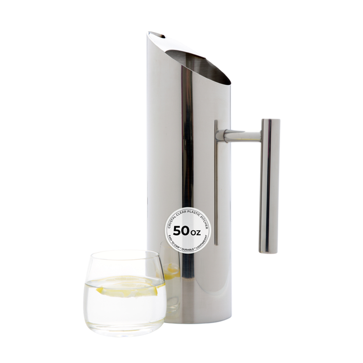 restaurantware Met Lux 50 oz Round Polished Stainless Steel Water Pitcher - 3 1/2" x 3 1/2" x 11 3/4" - 1 count box