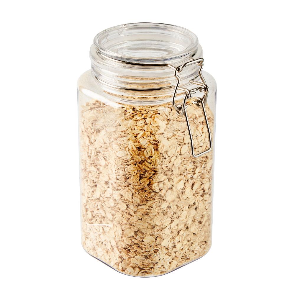 restaurantware Met Lux 53 oz Square Clear Plastic Storage Jar - with Hinged Lid - 4 1/4" x 4 1/4" x 7 3/4" - 20 count box