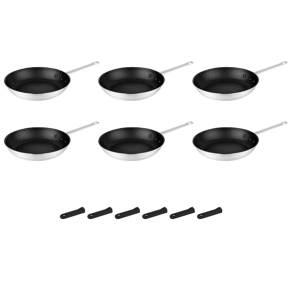 restaurantware Met Lux 6 Aluminum 10" Non-Stick Fry Pans and 6 Black Silicone Pan Handle Sleeves