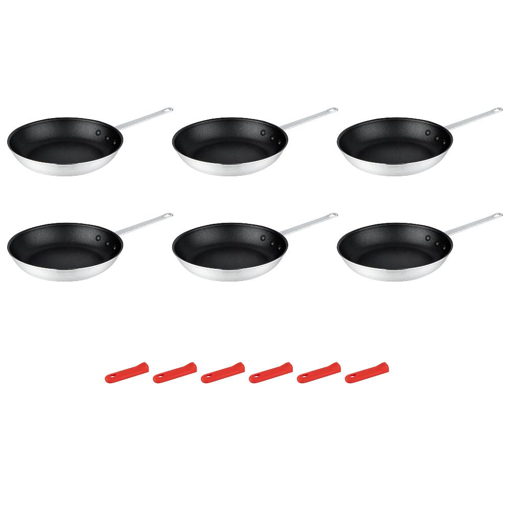 restaurantware Met Lux 6 Aluminum 10" Non-Stick Fry Pans and 6 Red Silicone Pan Handle Sleeves