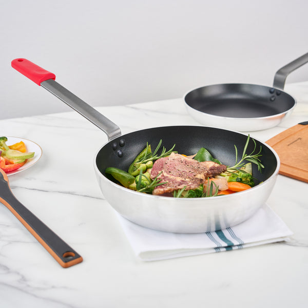 Restaurantware Met Lux 6 Aluminum 11" Induction Ready Deep Fry Pans And 6 Red Silicone Pan Handle Sleeves