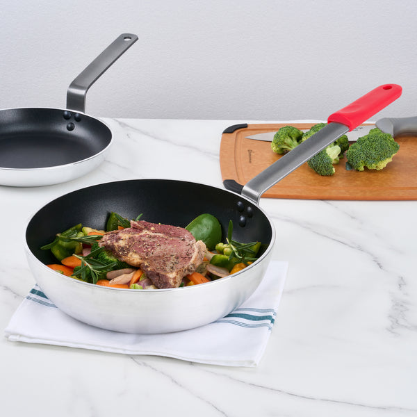 Restaurantware Met Lux 6 Aluminum 11" Induction Ready Deep Fry Pans And 6 Red Silicone Pan Handle Sleeves