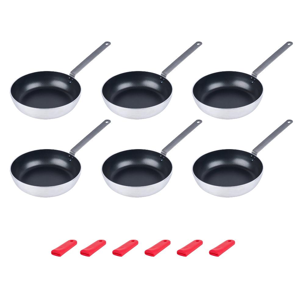 restaurantware Met Lux 6 Aluminum 11" Induction Ready Deep Fry Pans and 6 Red Silicone Pan Handle Sleeves