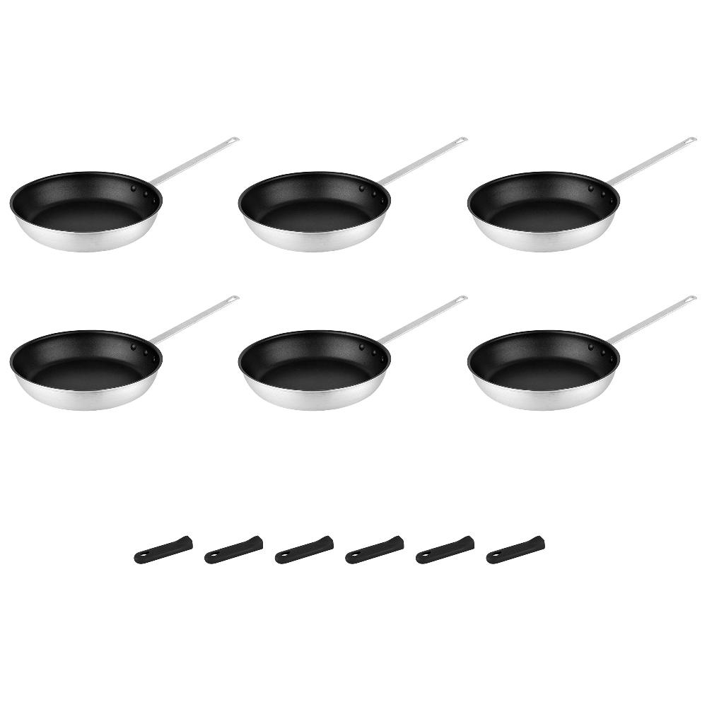 restaurantware Met Lux 6 Aluminum 12" Non-Stick Fry Pans and 6 Black Silicone Pan Handle Sleeves