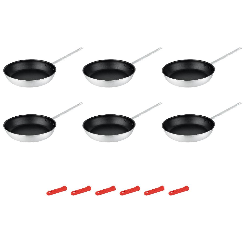 restaurantware Met Lux 6 Aluminum 12" Non-Stick Fry Pans and 6 Red Silicone Pan Handle Sleeves