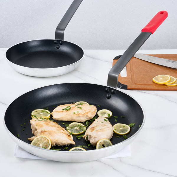 Restaurantware Met Lux 6 Aluminum 14" Induction Ready Fry Pans And 6 Red Silicone Pan Handle Sleeves