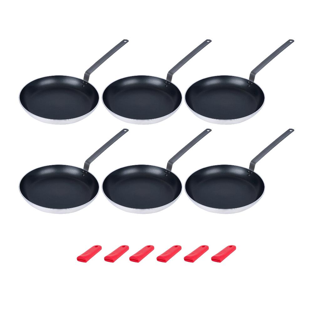restaurantware Met Lux 6 Aluminum 14" Induction Ready Fry Pans and 6 Red Silicone Pan Handle Sleeves