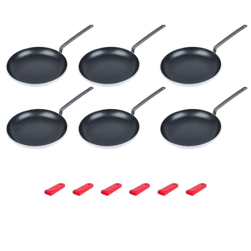 restaurantware Met Lux 6 Aluminum 16" Induction Ready Fry Pans and 6 Red Silicone Pan Handle Sleeves