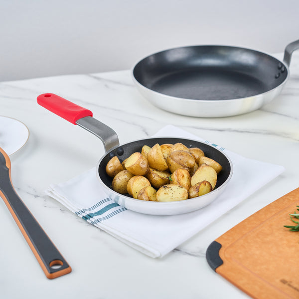 Restaurantware Met Lux 6 Aluminum 8" Induction Ready Fry Pans And 6 Red Silicone Pan Handle Sleeves
