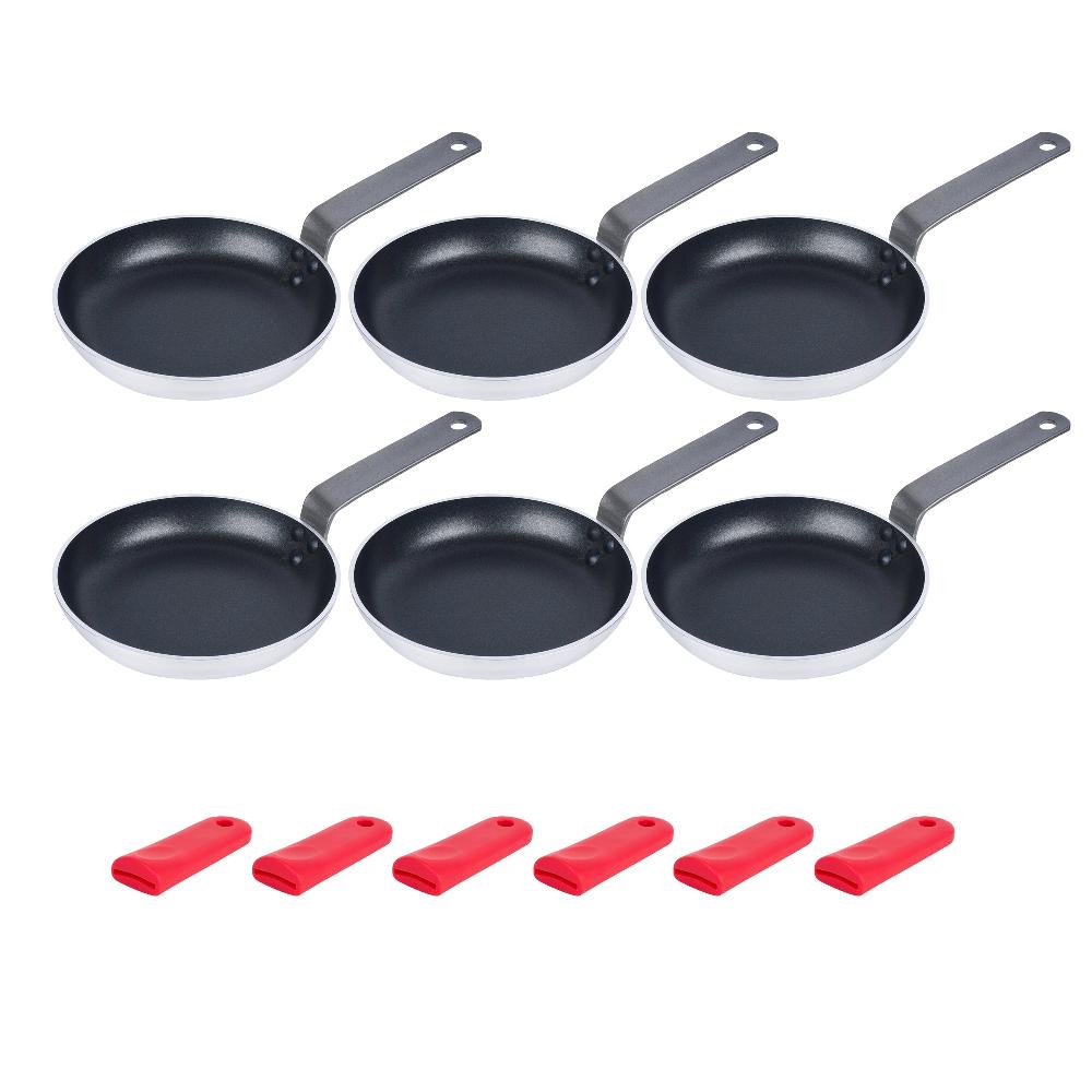 restaurantware Met Lux 6 Aluminum 8" Induction Ready Fry Pans and 6 Red Silicone Pan Handle Sleeves