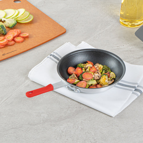 Restaurantware Met Lux 6 Aluminum 8" Non-Stick Fry Pans And 6 Red Silicone Pan Handle Sleeves