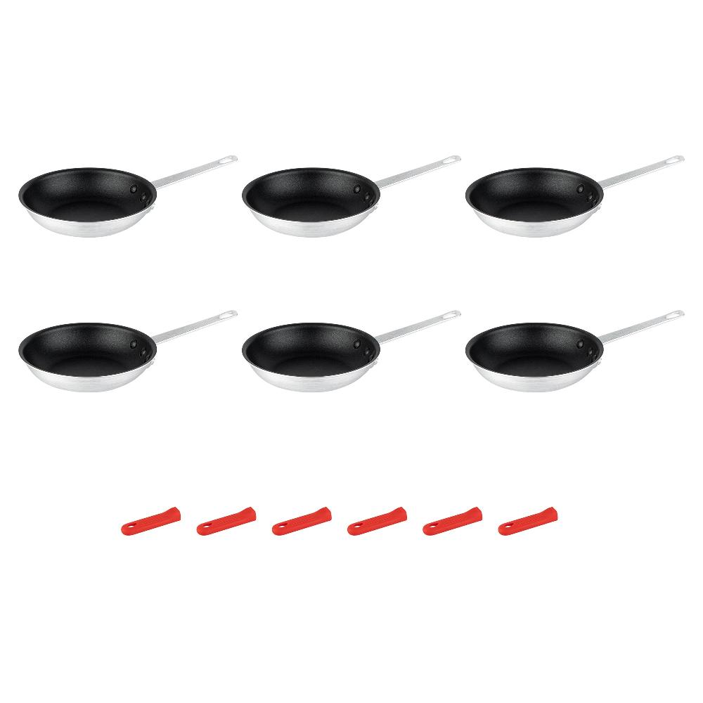 restaurantware Met Lux 6 Aluminum 8" Non-Stick Fry Pans and 6 Red Silicone Pan Handle Sleeves