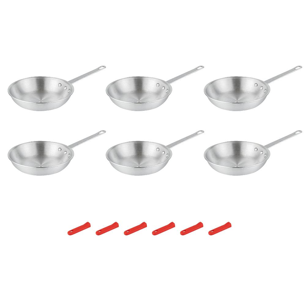 restaurantware Met Lux 6 Aluminum 9" Fry Pans and 6 Red Silicone Pan Handle Sleeves