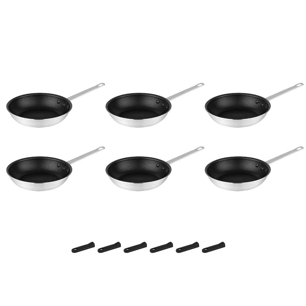restaurantware Met Lux 6 Aluminum 9" Non-Stick Fry Pans and 6 Black Silicone Pan Handle Sleeves