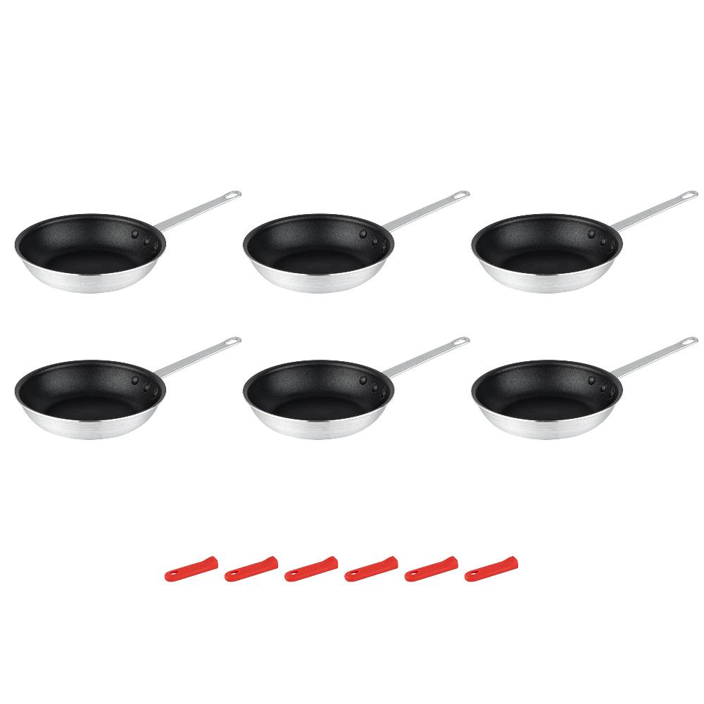 restaurantware Met Lux 6 Aluminum 9" Non-Stick Fry Pans and 6 Red Silicone Pan Handle Sleeves
