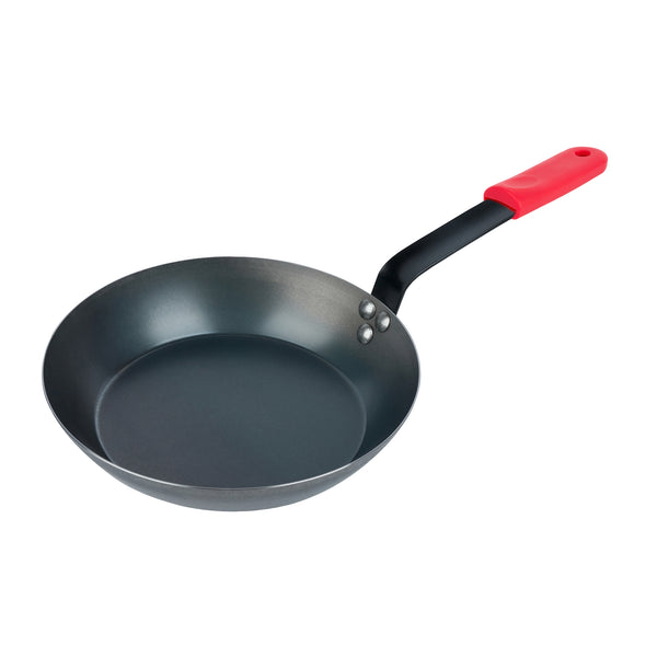 Restaurantware Met Lux 6 Black Carbon Steel 10" Pre-Seasoned Fry Pans And 6 Red Silicone Pan Handle Sleeves