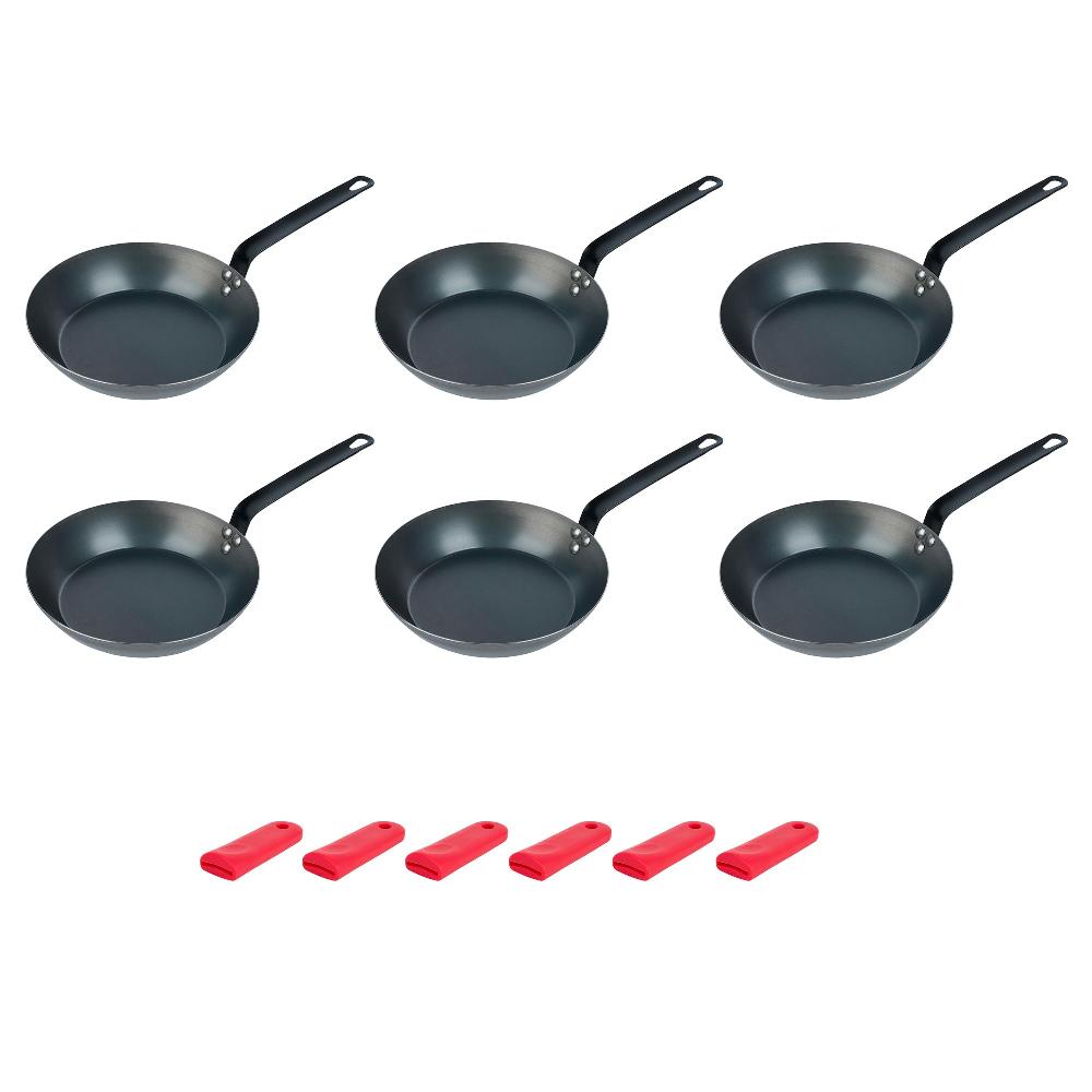 restaurantware Met Lux 6 Black Carbon Steel 10" Pre-Seasoned Fry Pans and 6 Red Silicone Pan Handle Sleeves