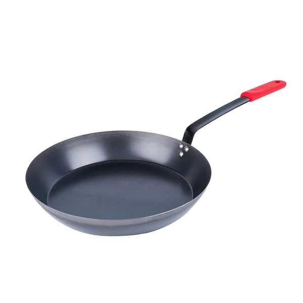 Restaurantware Met Lux 6 Black Carbon Steel 16" Pre-Seasoned Fry Pans And 6 Red Silicone Pan Handle Sleeves