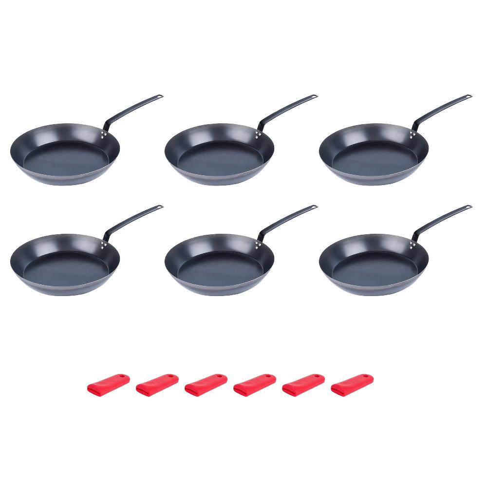 restaurantware Met Lux 6 Black Carbon Steel 16" Pre-Seasoned Fry Pans and 6 Red Silicone Pan Handle Sleeves