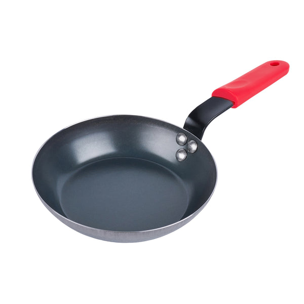 Restaurantware Met Lux 6 Black Carbon Steel 8" Pre-Seasoned Fry Pans And 6 Red Silicone Pan Handle Sleeves