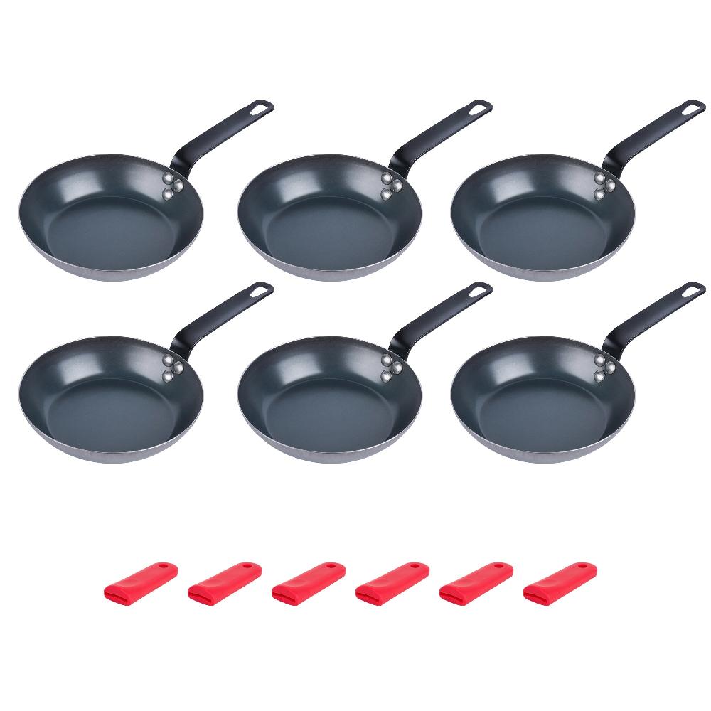 restaurantware Met Lux 6 Black Carbon Steel 8" Pre-Seasoned Fry Pans and 6 Red Silicone Pan Handle Sleeves