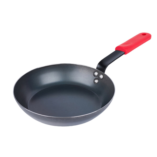 Restaurantware Met Lux 6 Black Carbon Steel 9 1/2" Pre-Seasoned Fry Pans And 6 Red Silicone Pan Handle Sleeves