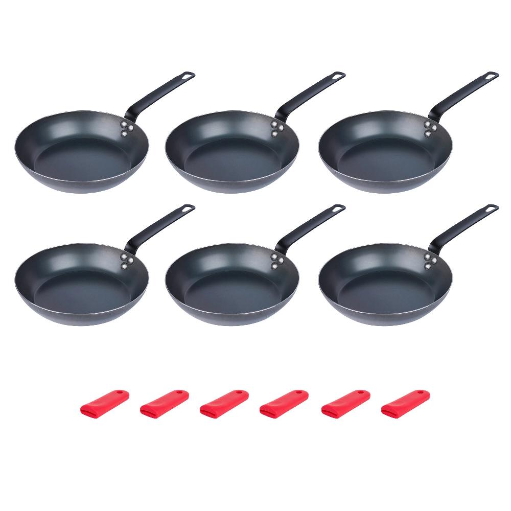 restaurantware Met Lux 6 Black Carbon Steel 9 1/2" Pre-Seasoned Fry Pans and 6 Red Silicone Pan Handle Sleeves